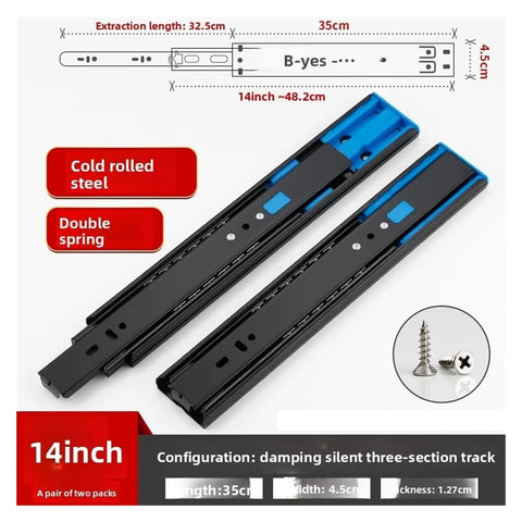 Two Pack Metal Drawer Slides With Built In Buffer Soft Close For Cabinet Drawers, 14 Inch Track Width 45mm, shown with screws