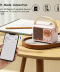 Retro Bluetooth Speaker Portable Wireless Speaker with Crystal Clear Stereo Sound and Rich Bass Pink Color Ideal Gift Idea on desk with phone showing Bluetooth connection