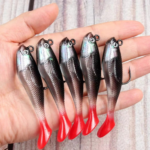 Five piece soft plastic fishing lure set, 8cm T tail bait with 3D eyes and sharp treble hooks, durable PVC for angling