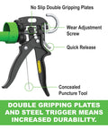Heavy-Duty B-Line 26 to 1 Manual Caulking Gun with labeled features: no slip plates, wear screw, quick release, puncture tool.