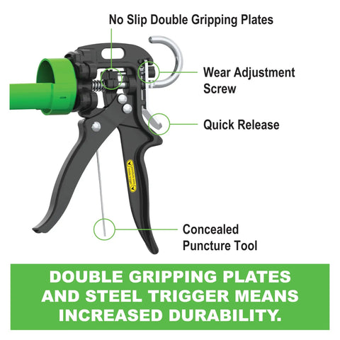 Heavy-Duty B-Line 26 to 1 Manual Caulking Gun with labeled features: no slip plates, wear screw, quick release, puncture tool.
