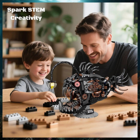 Father and son assembling Angler Fish Mechanical Building Block Set With Lights Dope STEM Toy For Kids And Adults Deep Sea Ocean Creature Kit For Home Or Office Decor 1038 Pieces Educational Gift For Ages 8 And Up, focused on the fish with visible gears and glow bait light.