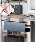 No Drill Clamp On 17 Inch Power Strip Tray For Under Desk Cable Management And Standing Desk Cord Organizer Heavy Duty Steel Black DESK CM6L B Easy Install No Tools Required Keeps Cords Neat And Off The Floor in use, attached to desk, showcasing cable management.