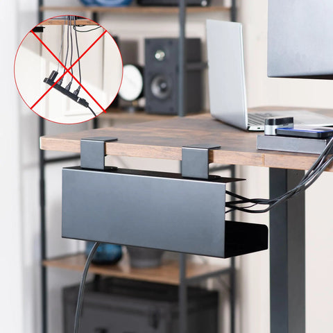 No Drill Clamp On 17 Inch Power Strip Tray For Under Desk Cable Management And Standing Desk Cord Organizer Heavy Duty Steel Black DESK CM6L B Easy Install No Tools Required Keeps Cords Neat And Off The Floor in use, attached to desk, showcasing cable management.