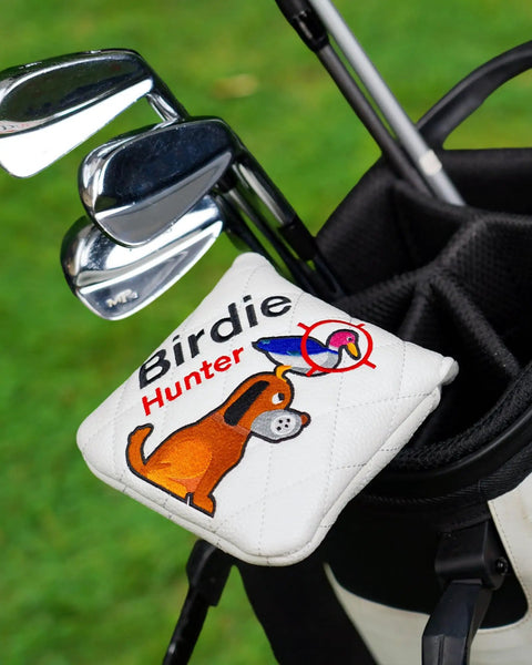 Funny Golden Retriever Putter Headcover Mallet Putters With Embroidered Birdie Hunting Pattern White Magnetic Closure Universal Fit For Heel Shaft Square Mallet Golf Clubs 5.5 X 5.5 X 1.3 Inches resting on golf bag.
