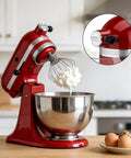 Beefed Up 6061 Aluminum Attachment Knob For Kitchenaid Mixers installed on red stand mixer with stainless steel bowl preparing whipped cream.