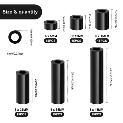 Outlet Spacer Kit With 120 Non-Threaded 6mm Rubber Spacers, Assorted 6 Sizes, Black, Size and Quantity Details