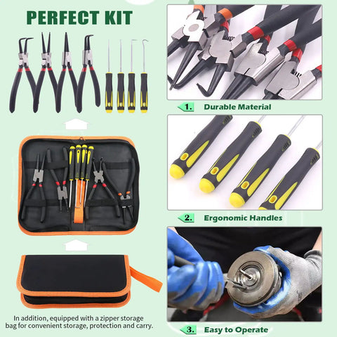 All In One 8 Piece 7 Inch Snap Ring Pliers Kit With Straight And 90 Degree Internal External Pliers Plus 4 Precision Hooks in use