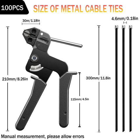 Heavy Duty Metal Zip Ties Kit With Cable Tie Gun, 100 Pack, 11.8 Inch, UV Resistant Black Stainless Steel Ties