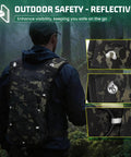 Person wearing Hydration Vest With 2L Water Bladder, Adjustable Straps, Chest Pack For Running And Hiking in forest, reflective details