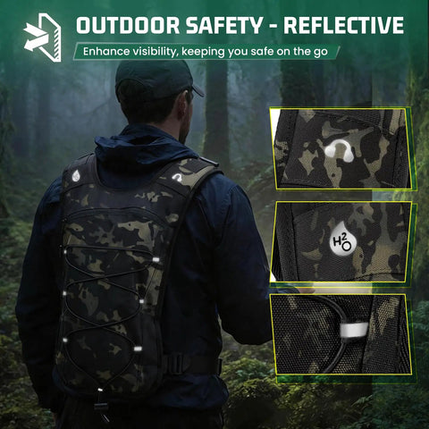 Person wearing Hydration Vest With 2L Water Bladder, Adjustable Straps, Chest Pack For Running And Hiking in forest, reflective details
