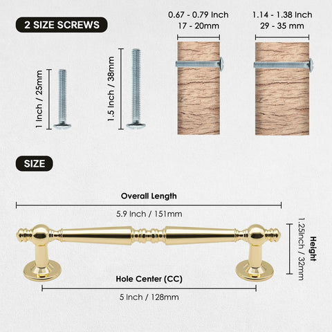Diagram showing dimensions of 10 Pack Polished Gold Cabinet Pulls 5 Inch Center To Center Holes 128mm Zinc Alloy Polished Brass Drawer Handles.