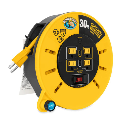 30 Ft RV Extension Cord Reel With 10 Amp Capacity, 125V 1250W, Four 125V Outlets And Two USB Ports, On Off Switch And Built-In Circuit Breaker