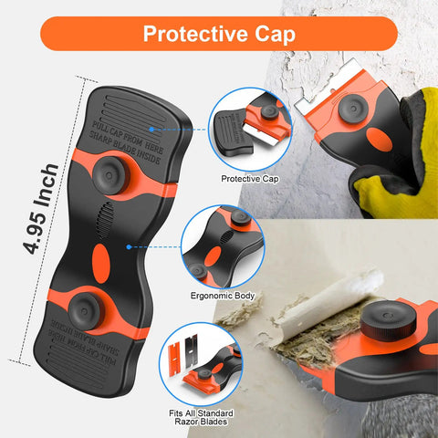 2-In-1 Razor Scraper Set With 30 Blades, long-handle ergonomic design showing protective cap and use on adhesive