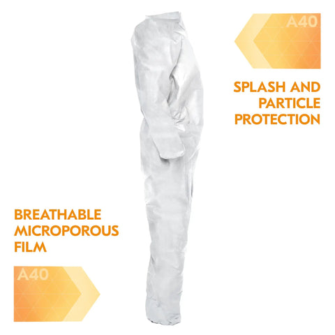 A40 Liquid And Particle Protective Coveralls With Zipper Front White 2XL Case Of 25 Built Tough Microporous Film Laminate