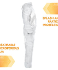 Side view of Heavy Duty Liquid And Particle Protection Coveralls A40 Zipper Front White XL Industrial Grade Microporous Film Laminate.