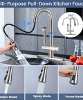 Premium Brushed Nickel Pull Down Kitchen Faucet With Built In Water Filter and Activated Carbon Ultrafiltration Spray Head, 20 inch reach, multi-mode operation.