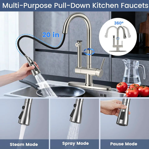 Premium Brushed Nickel Pull Down Kitchen Faucet With Built In Water Filter and Activated Carbon Ultrafiltration Spray Head, 20 inch reach, multi-mode operation.