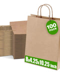 100 Pack Kraft Paper Gift Bags With Handles, Medium Brown 8x4.25x10.25 Inch Recycled Kraft Bags shown with stacked open bags
