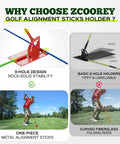 Three Hole Golf Alignment Stick Holder With Tri Grip Tripod Base And 3 Metal Alignment Sticks In Different Colors infographic
