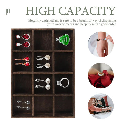 Go-To Pine Wood Jewelry Tray With Twelve Secure Grid Slots For Rings Keys And Wallets, organized storage for earrings and rings.