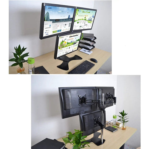 Triple Monitor Arm Desk Mount Holds 15 To 27 Inch Screens Rock Solid Aluminum Build Height Adjustable Vesa Bracket with monitors set up on a desk.