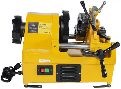 Heavy Duty Workhorse Power Pipe Threader Machine With Self Oiling Die Head Play Nice With Ridgid Dies Knocks Out One And A Half Inch Threads Quick, side view with control switches visible.