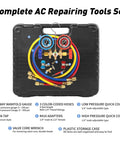 Pro Grade 3 Way Manifold Gauge Set For R134A R12 R22 R502 With Case, All In One Freon Charging Kit Includes Color Coded Hoses, Quick Couplers, Puncturing Tap, 410 Adapter, Valve Core Tool, And Durable Storage Case. 3-way manifold gauge set in plastic case with hoses and AC adapters