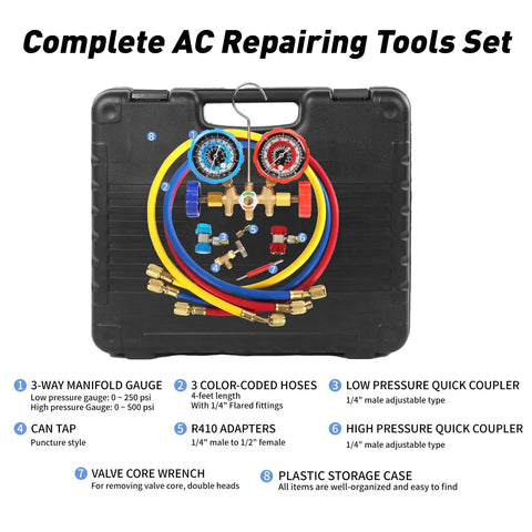 Pro Grade 3 Way Manifold Gauge Set For R134A R12 R22 R502 With Case, All In One Freon Charging Kit Includes Color Coded Hoses, Quick Couplers, Puncturing Tap, 410 Adapter, Valve Core Tool, And Durable Storage Case. 3-way manifold gauge set in plastic case with hoses and AC adapters