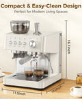 Kick Up Your Daily Grind With This Rock Solid Commercial Espresso Machine Featuring A Built In Grinder Steam Wand And Heavy Duty Tamping Kit For Flawless Lattes In Clean White, showing measurements and design.
