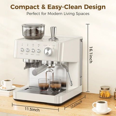 Kick Up Your Daily Grind With This Rock Solid Commercial Espresso Machine Featuring A Built In Grinder Steam Wand And Heavy Duty Tamping Kit For Flawless Lattes In Clean White, showing measurements and design.