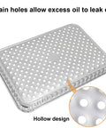 Perforated grill pan with close-up of drain holes, part of 25 Pack Disposable Aluminum Grill Pans For Outdoor Cooking And Camping Large 16 By 12 Inch Aluminum Trays With Holes Great For BBQ Grilling And Quick Cleanup On Every Cookout