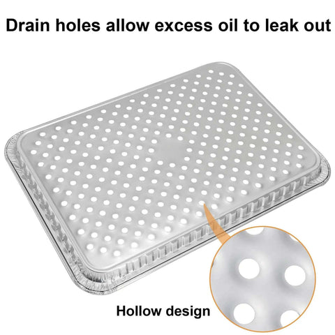Perforated grill pan with close-up of drain holes, part of 25 Pack Disposable Aluminum Grill Pans For Outdoor Cooking And Camping Large 16 By 12 Inch Aluminum Trays With Holes Great For BBQ Grilling And Quick Cleanup On Every Cookout