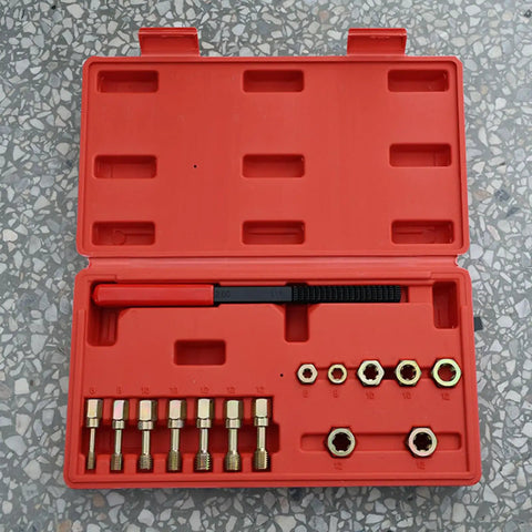Ultimate 15 Piece Thread Repair Kit With Taps And Dies Plus Double Ended File To Fix Stripped Bolts On Steel And Aluminum Without Breaking The Bank At Home Or In The Shop, red case open
