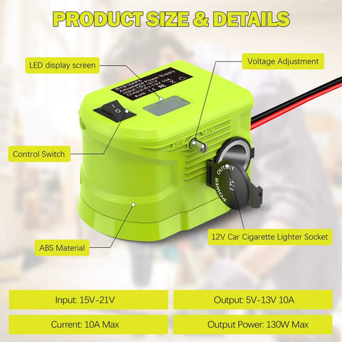 Step Down Voltage Adapter For 18V Tool Battery To 5V-13V Adjustable Regulator with control switch and cigarette lighter socket