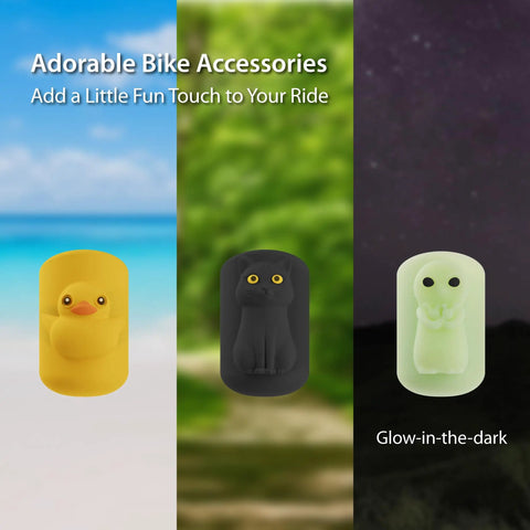 Night Glow Alien Brake Lever Cover 2 Pack Silicone Protector Sleeve, duck, cat, and glow-in-the-dark designs shown