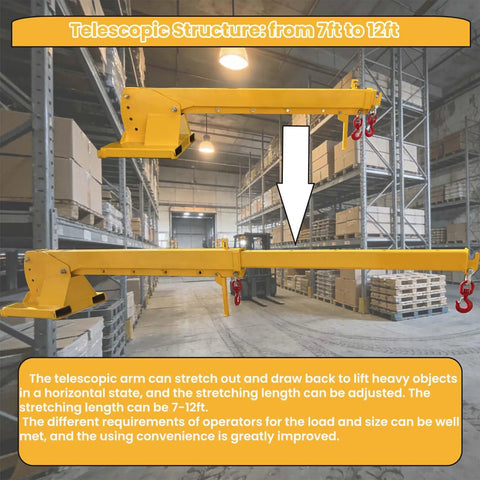 Heavy Duty Forklift Telescopic Boom Jib And Mobile Crane Extendable Lifting Arm With 4400 Lb Capacity features a 7-12ft adjustable arm.