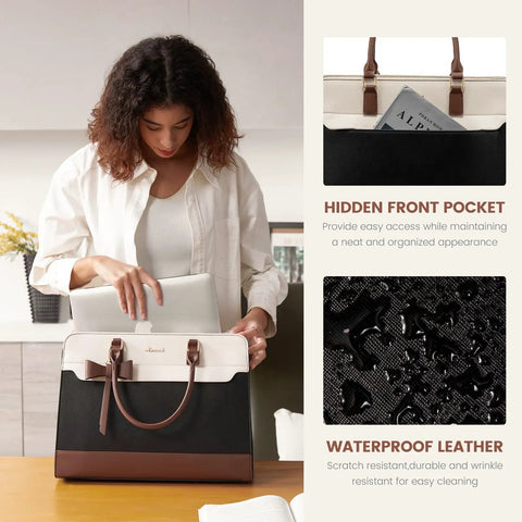 Women Laptop Tote Bag Waterproof Leather Work Bag Spacious Computer Handbag with durable bottom feet and waterproof design