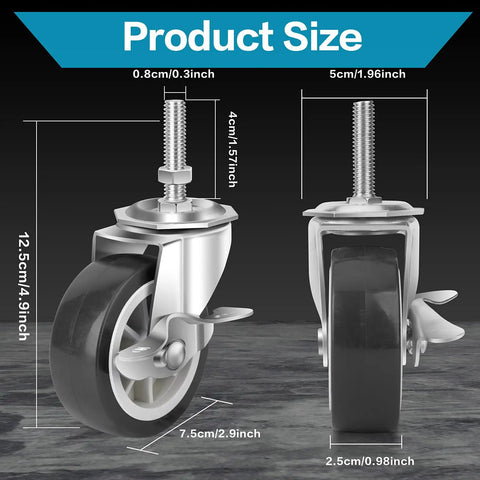 Product size diagram for Beefy Three Inch Heavy Duty Stem Casters With Brakes Set Of Four Swivel Wheels For Carts And Equipment.
