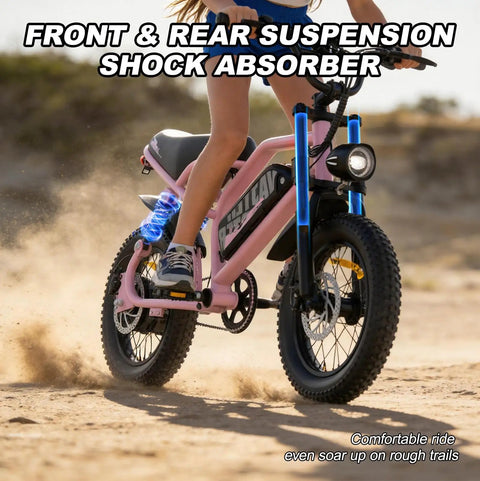 Person riding 16-Inch Fat Tire Electric Mountain Bike With 800W Peak Motor, Removable Battery, on sandy terrain