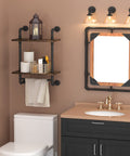 Heavy Duty Two Tier Industrial Pipe Wall Shelves With Rustic Wood And Vintage Towel Bar, 16in wooden planks in bathroom setup.