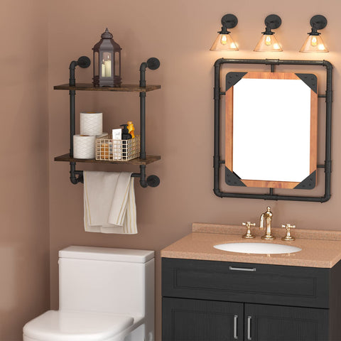 Heavy Duty Two Tier Industrial Pipe Wall Shelves With Rustic Wood And Vintage Towel Bar, 16in wooden planks in bathroom setup.
