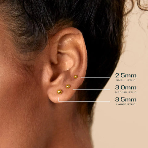 Go To 3mm Ball Stud Earrings With Flatback Disc, 925 Silver Post, 14K Gold Plated Yellow Gold Finish For Everyday Wear, Comfortable All Day And Night, Screw In Flatback Design, Durable And Bright. 2.5mm 3.0mm 3.5mm gold studs on ear