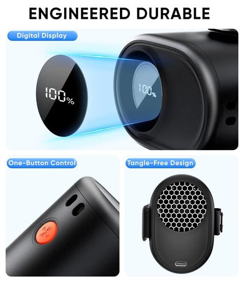 Close-up of Portable Waist Fan With 6 Speed Turbo Airflow And 15000 RPM, digital display, one-button control, tangle-free design