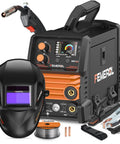 3 In 1 MIG Welder With Flux Core Lift TIG And Stick Welding 140A Portable 110V IGBT Inverter Synergic Control And LED Display Welds Up To One Eighth Inch Includes Welding Helmet For Home Shop Use shown with accessories and helmet, front view.