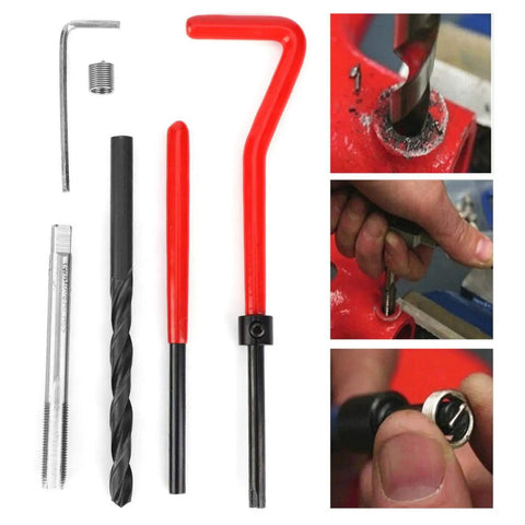 Thread Repair Kit For Female Threads M6x0.75 30 Piece Helicoil Thread Insert Set To Fix Stripped Holes And Damaged Internal Threads Easy Repair Tool For Metal And Automotive Applications, including drill and tap tools with inserts visible, used for metal repairs.