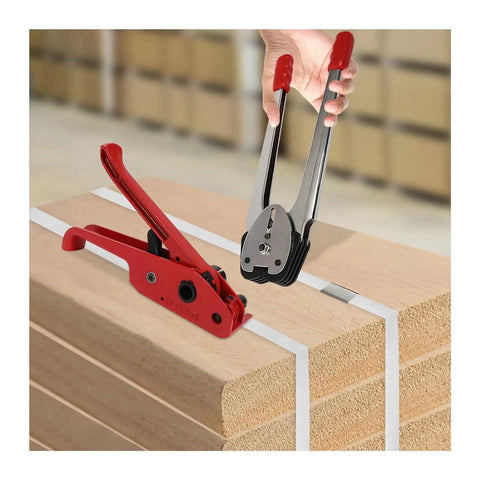 Heavy Duty Manual Strapping Machine Kit With Tensioner And Sealer For Secure Pallet Wrapping, aluminum and steel tools on wooden pallets.