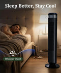 Stay Cool Without The Noise Using This Bladeless Tower Fan Packed With Swift Oscillation And Handy Remote Controls And Rapid Speeds That Truly Slap For Bedroom Chill And Dorm Vibes Or Office Grind Today Black in a bedroom setting with a sleeping person.