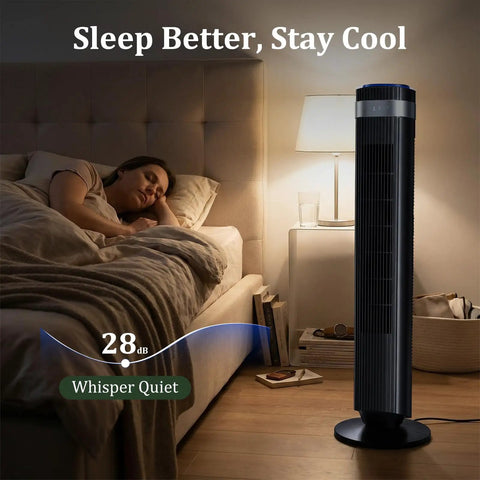 Stay Cool Without The Noise Using This Bladeless Tower Fan Packed With Swift Oscillation And Handy Remote Controls And Rapid Speeds That Truly Slap For Bedroom Chill And Dorm Vibes Or Office Grind Today Black in a bedroom setting with a sleeping person.