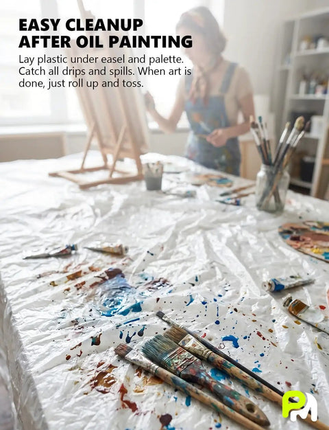 Massive Ultra Clear Painter Plastic Roll 9 By 400 Feet 0.31 Mil HDPE Sheeting used under easel for oil painting cleanup.